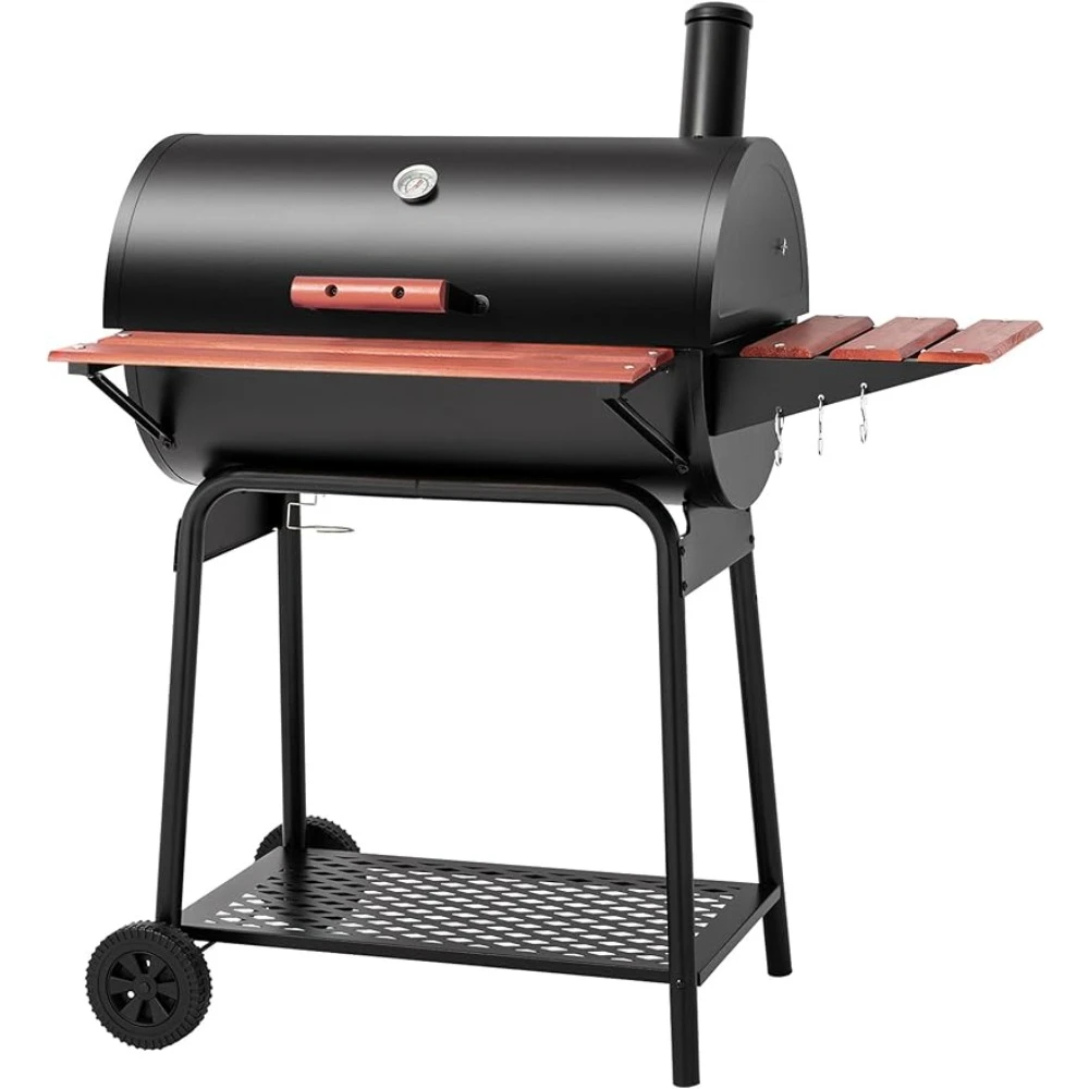 

Camping Black Kitchen Tools 30 Barrel Charcoal Grill With Wood-Painted Side Front Table Patio and Parties Cookware Bbq Stand Bar