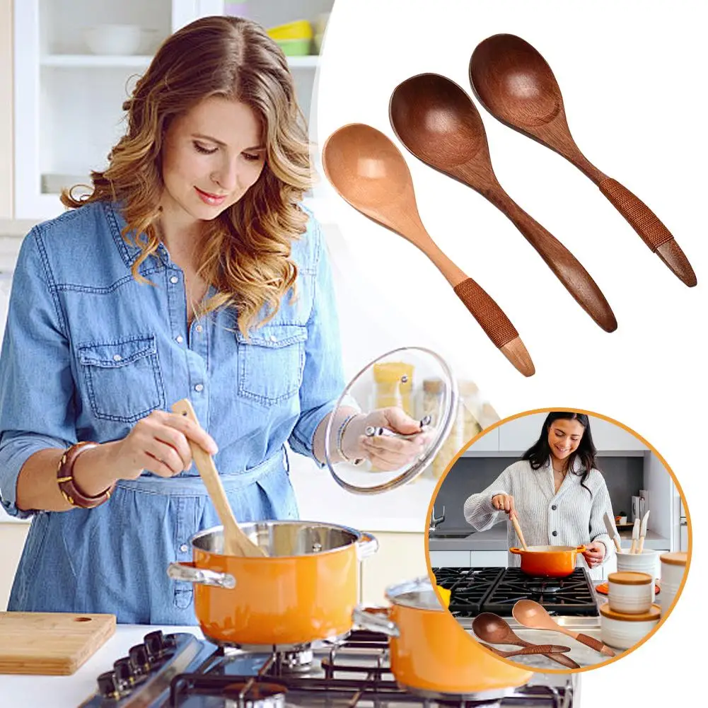 

2025 Wooden Household Spoon Anti Slip Heat Insulation Long Handle Soup Spoon Cooking Mixing Spoon Simple Easy Clean Wooden Spoon