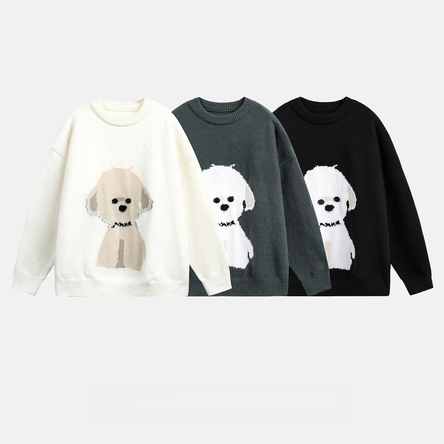 High Quality Cartoon Dog Print Knitted Sweater Men Crew Neck Winter Warm Soft Casual Loose Streetwear Oversize Pullover Men