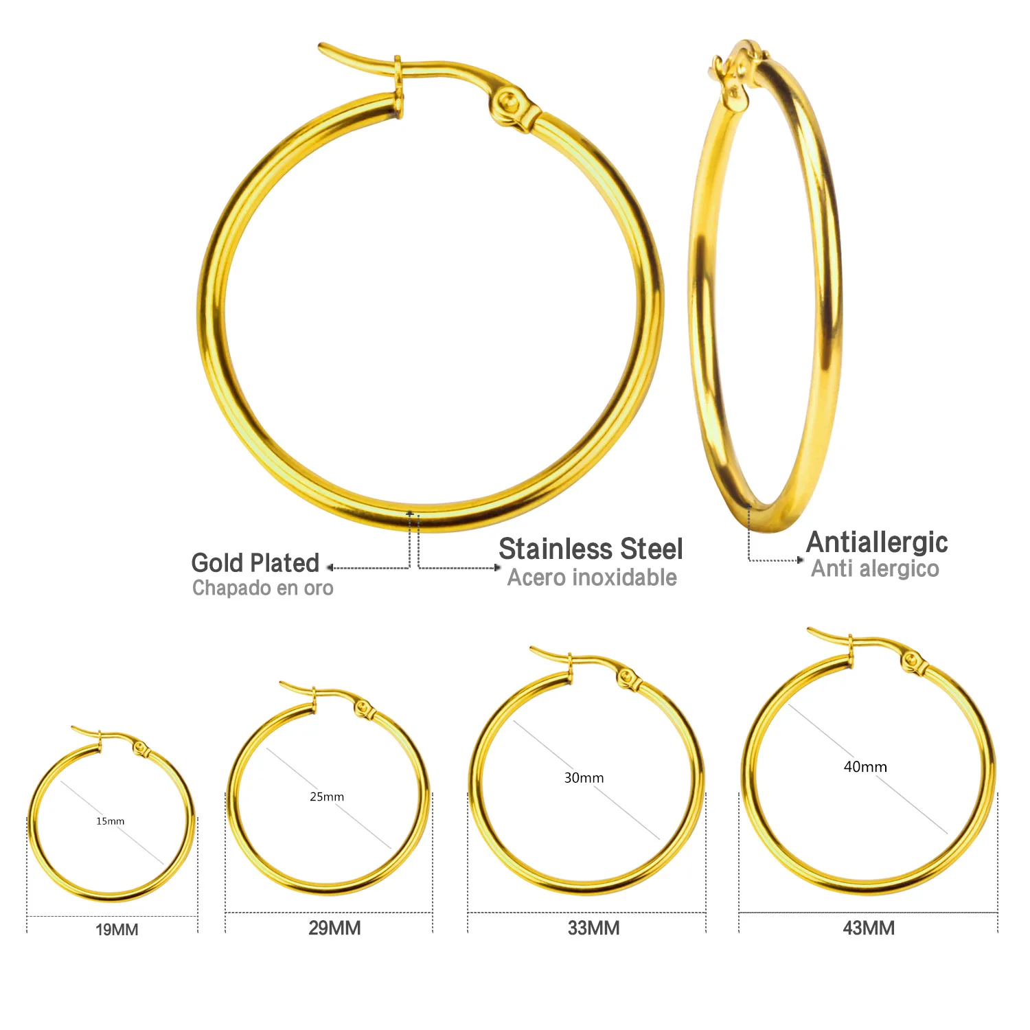 Pendientes de aro de acero inoxidable de Color dorado para mujeres y hombres, joyería de oreja redonda circular grande/pequeño, bisutería Acier Inoxidable E18110