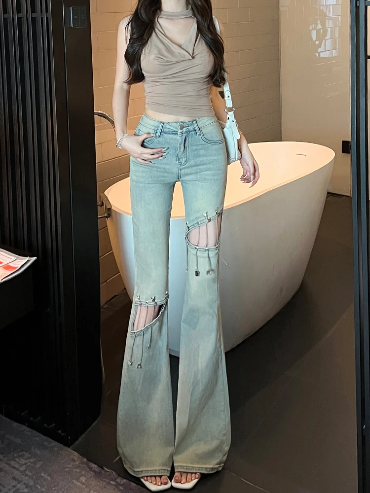 Light blue distressed washed micro flared jeans for women high waist 2025 summer slim fit floor pants trend