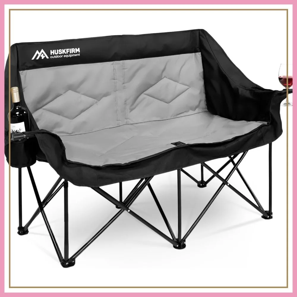 

2 Person Camping Chair Oversized Loveseat Double Folding Chairs Heavy Duty Outdoor Patio Couch Black