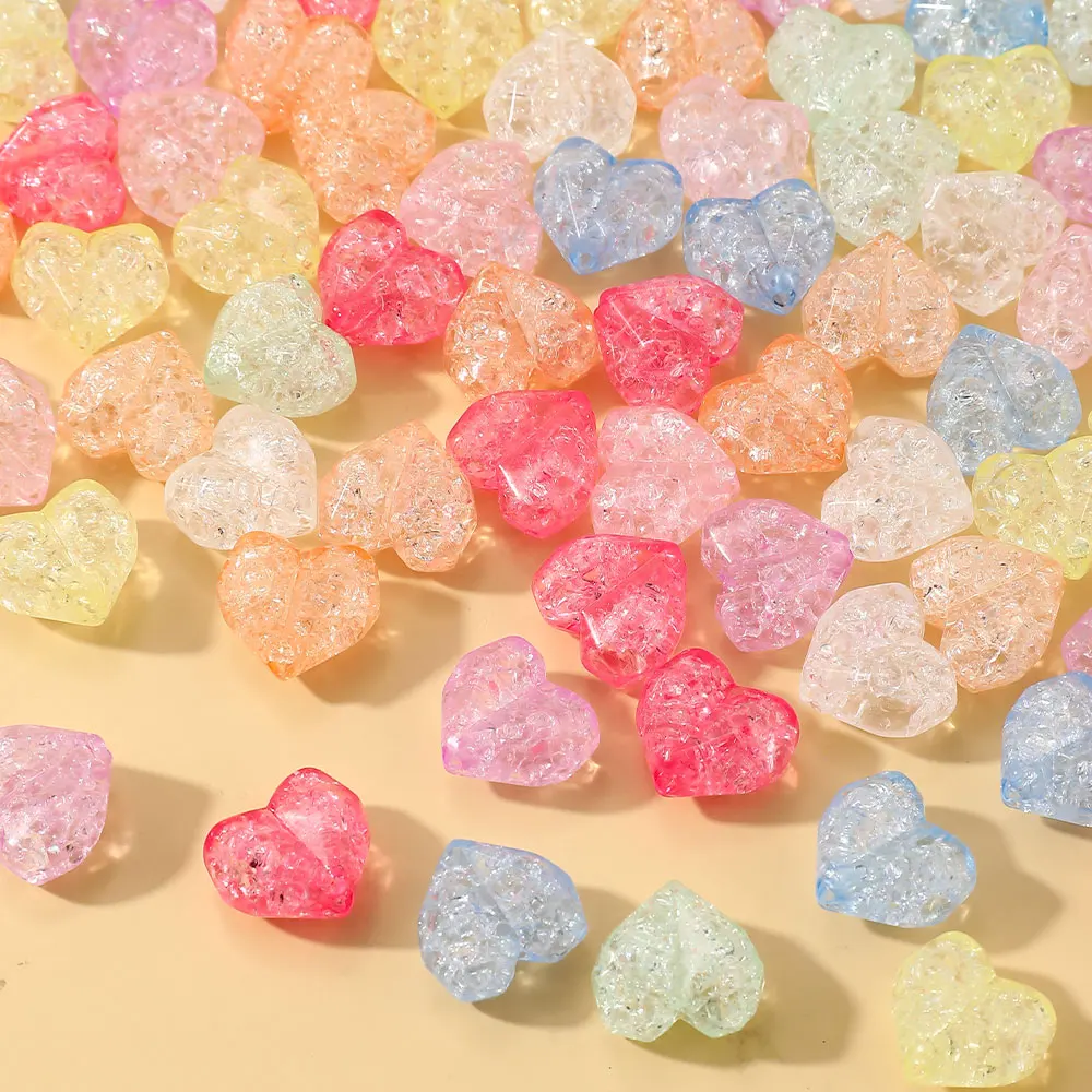 30Pcs 15x13mm Multicolor Crackle Heart Acrylic Beads Transparent Icy Crack for DIY Jewelry - Bracelets Necklaces Earrings Keycha