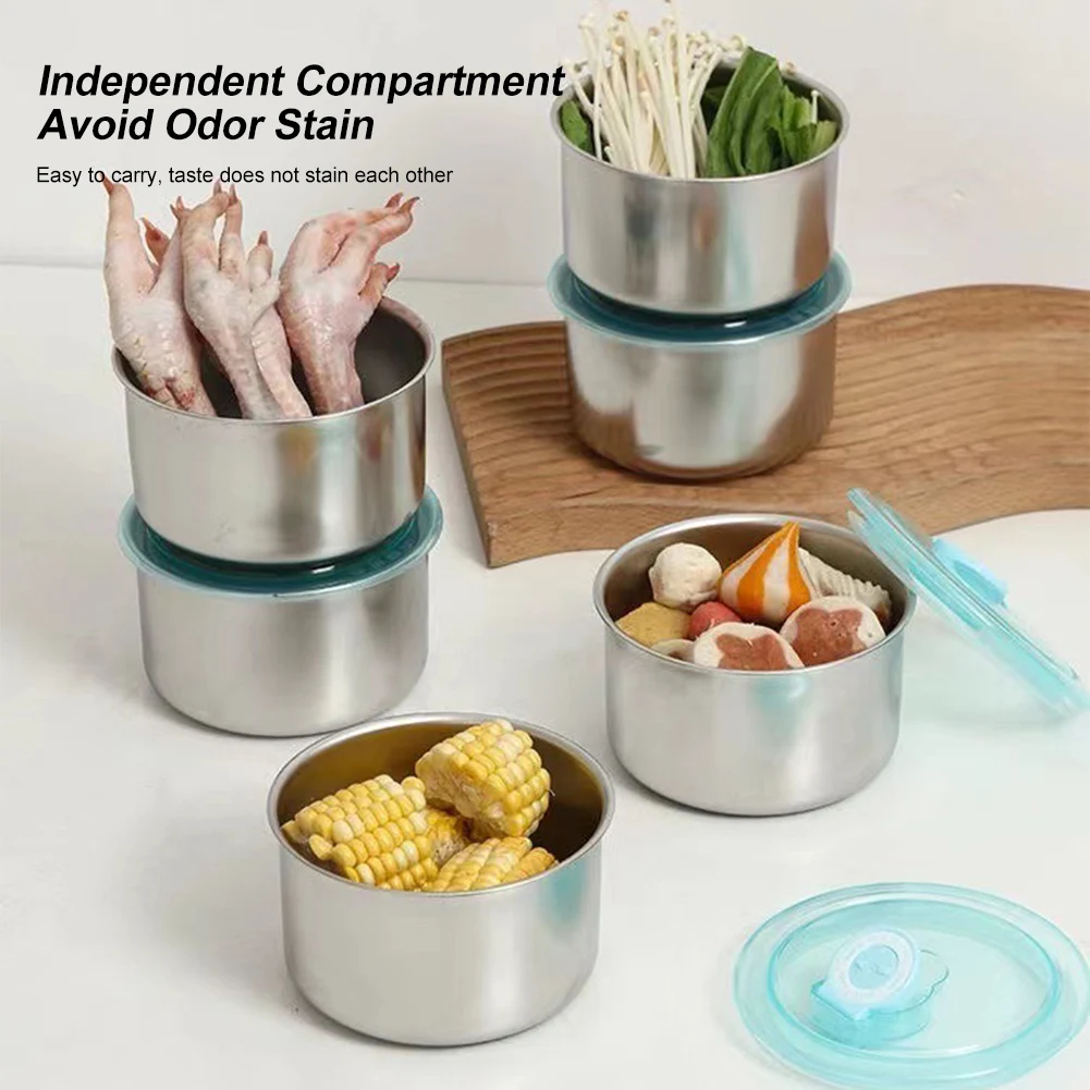 

500ML Stainless Steel Kitchen Round Bowl with Lid Food Fresh-keeping Box Ingredients Dispenser Fruit Vegetable Storage Crisper