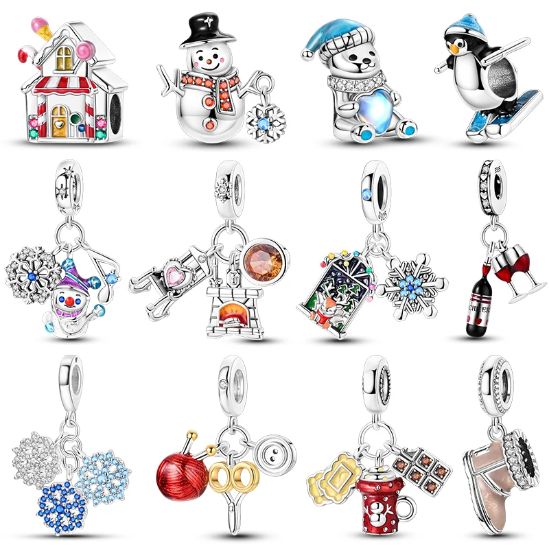 Hot Sale 925 Silver Snowman Penguin Red Wine Winter Series Charms Beads Fit 3mm 925 Original Bracelets Fine DIY Jewelry Gift