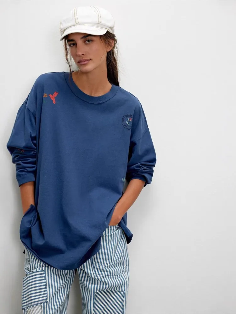 Women's Cartoon Embroidery Sweatshirts Ladies Chic Tops Long Sleeve O-neck Spring Autumn Female Fashion Casual Loose Pullovers