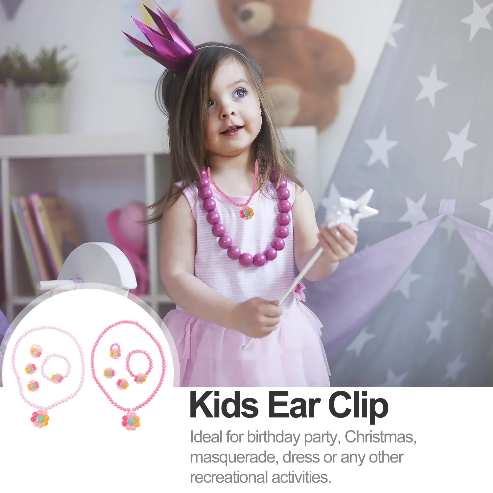 

2Sets Children Jewelry Set Flower Necklace Pearl Bracelet Ear Clips Cute Lightweight Durable for Birthday Party Photo Props