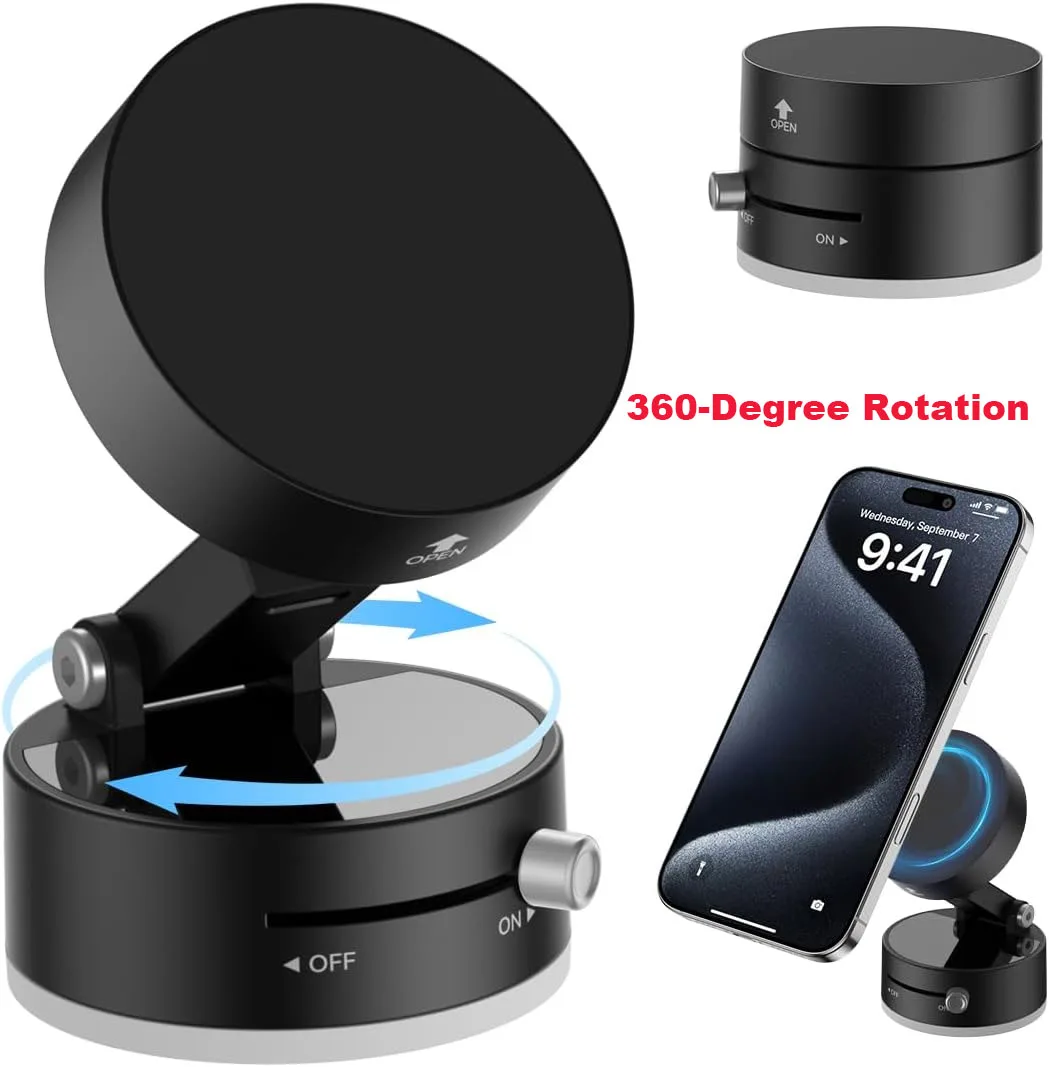360 °   Drehbarer, verbesserter A3 Vakuum-Magnet-Handyhalter – N52 Starker Magnet, Ein-Knopf-Entlüftung, Starker Saugnapf für reibungsloses Halten