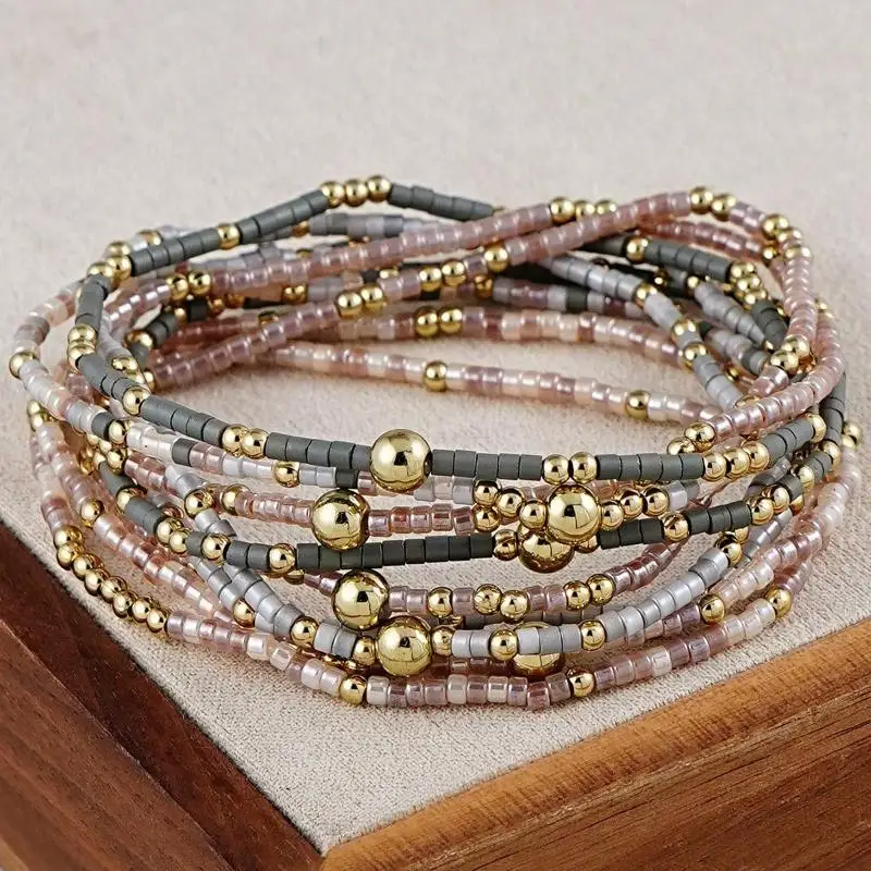 9pcs Bohemian Handmade Bead Elastic Bracelet Set Multilayer Stackable Suitable For Daily Wear