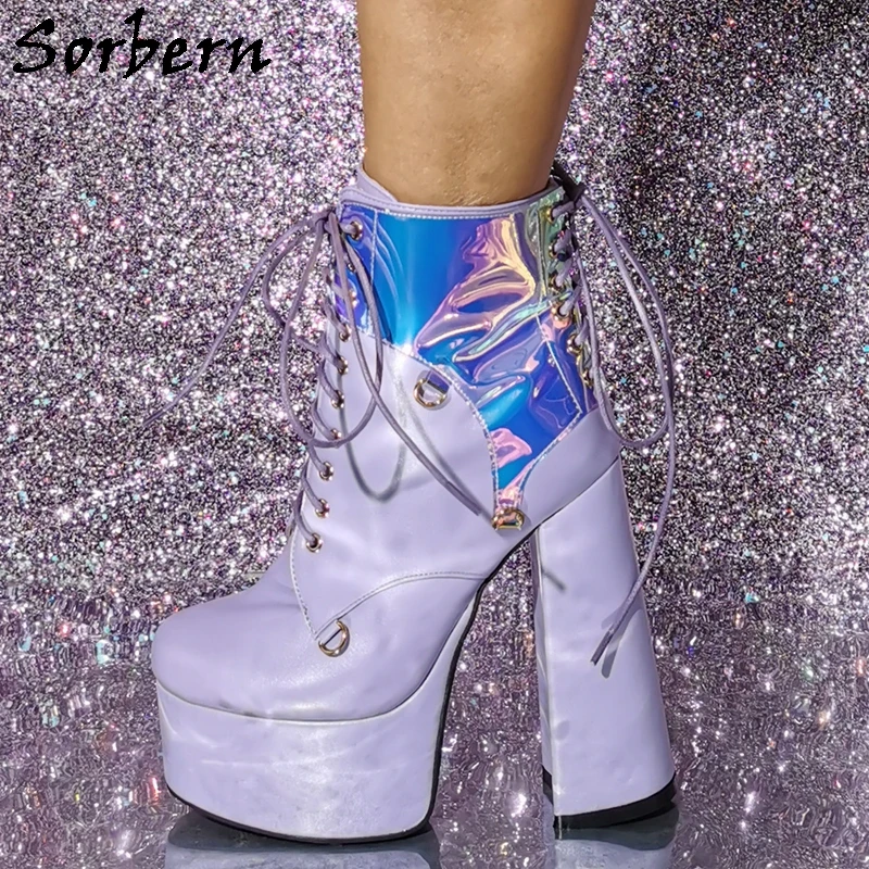 Sorbern Lavender Ankle Boots Women Crossdresser Drag Quen Shoes Block High Heel 15Cm Platform Booties Lace Up Holo Round Toe