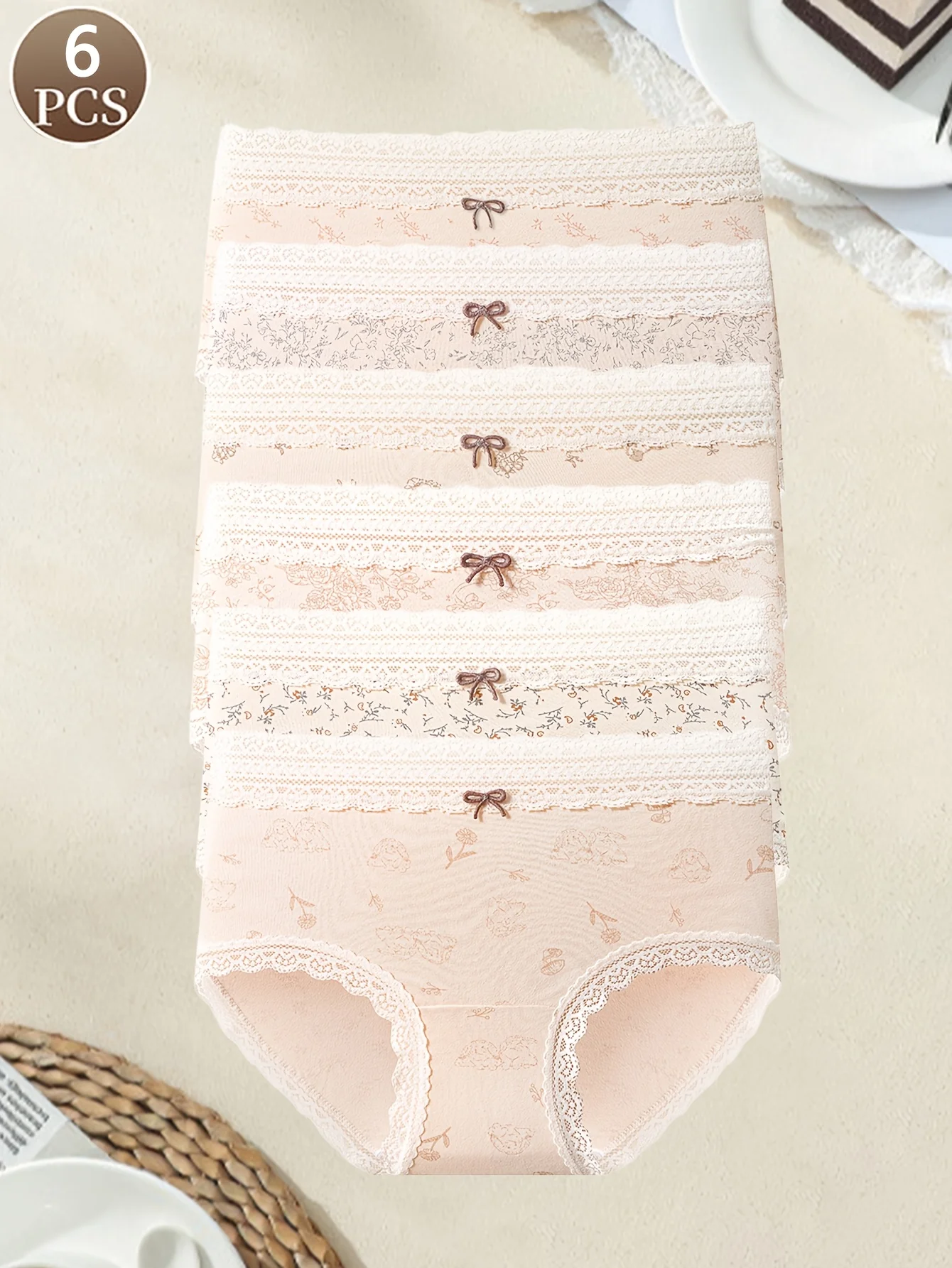 6PCS women's panties fashionable lace flower printed pure cotton underwear casual sports mid waist comfortable women's briefs