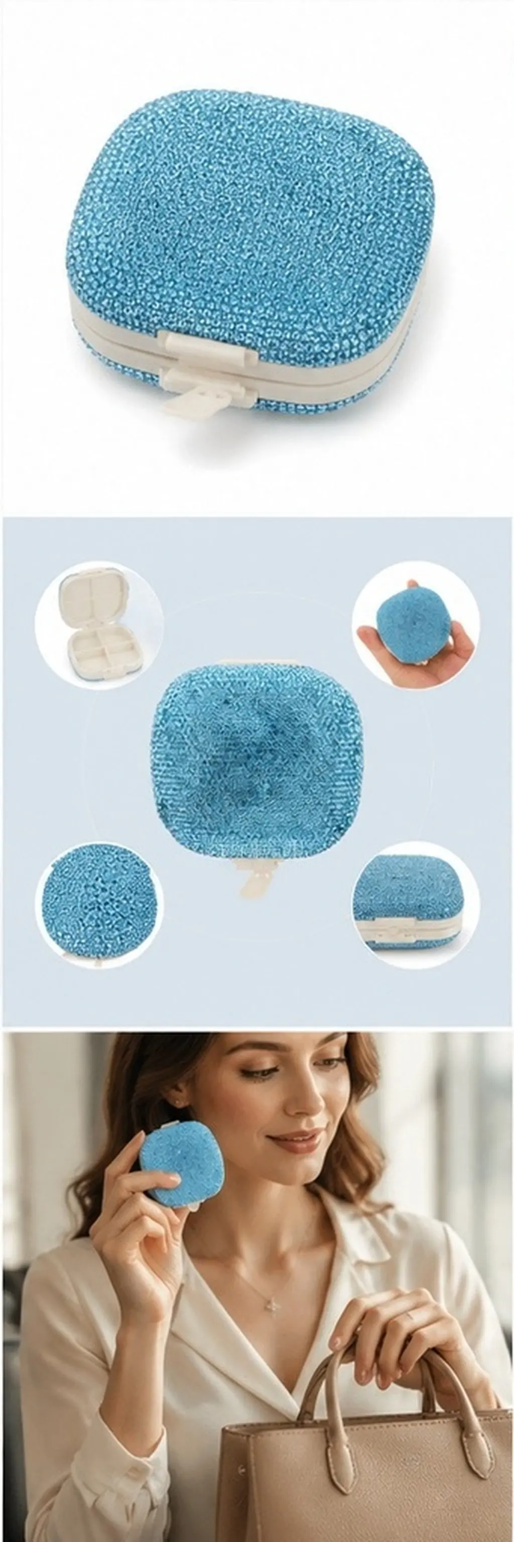 Portable 4 Compartment Rhinestone Pill Organizer Box Bling Medicine Storage Travel Pill Case Compact Supplement Holder for Purse