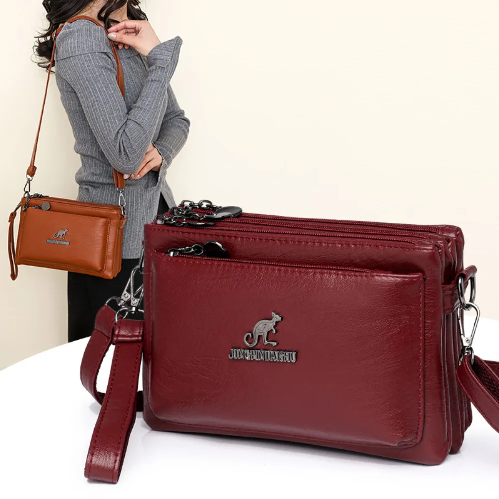 

Soft Multiple Zip Pockets Shoulder Bag Retro Large Capacity PU Leather Crossbody Bag Waterproof Adjustable Strap