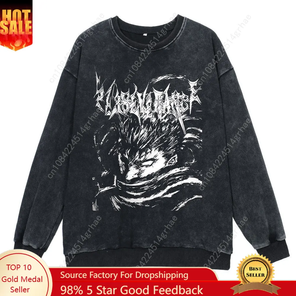 

Anime Berserk Retro Washed Sweatshirts Round Neck Long Sleeves Vintage Couple's Tops American Hip Hop Unisex Bottom Shirts