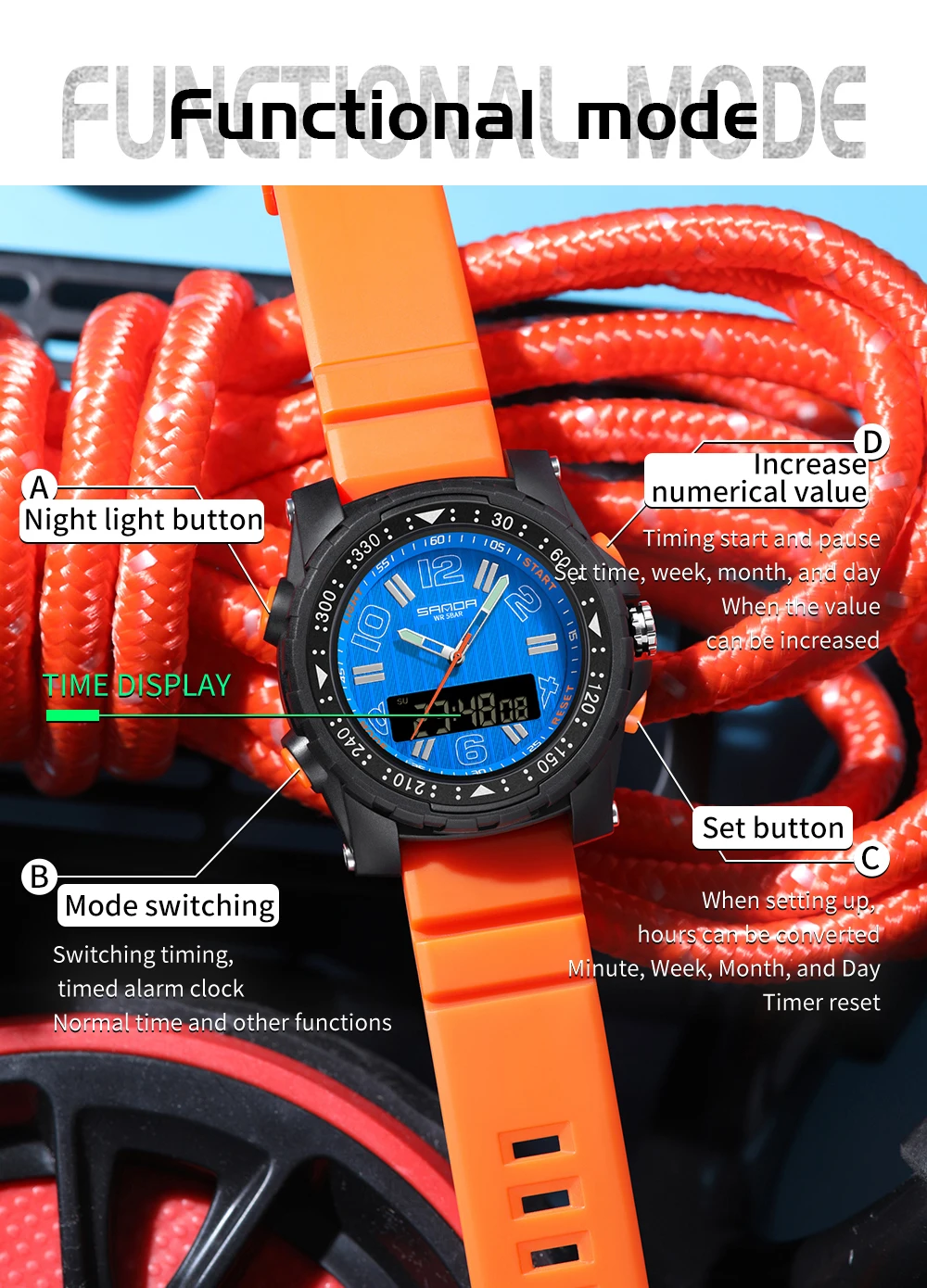 SANDA 3375 남성용 전자 쿼츠 시계, 스포츠 다기능 방수 LED 2024, 럭셔리 패션