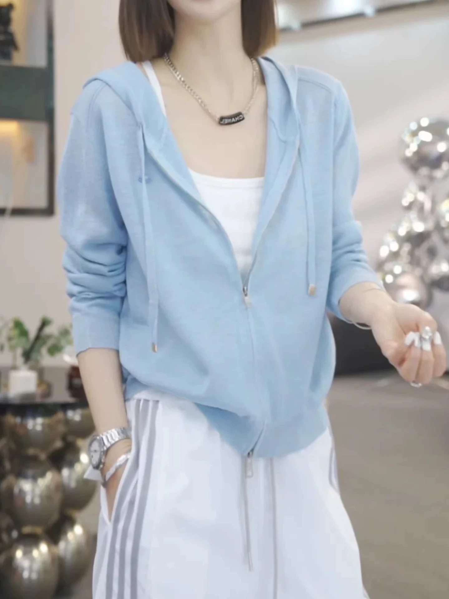 

Korean Style Double Zipper Blue Hooded Sun Protection Knitted Sweater Women's Summer Fashion Soft Thin Cardigan Outerwear