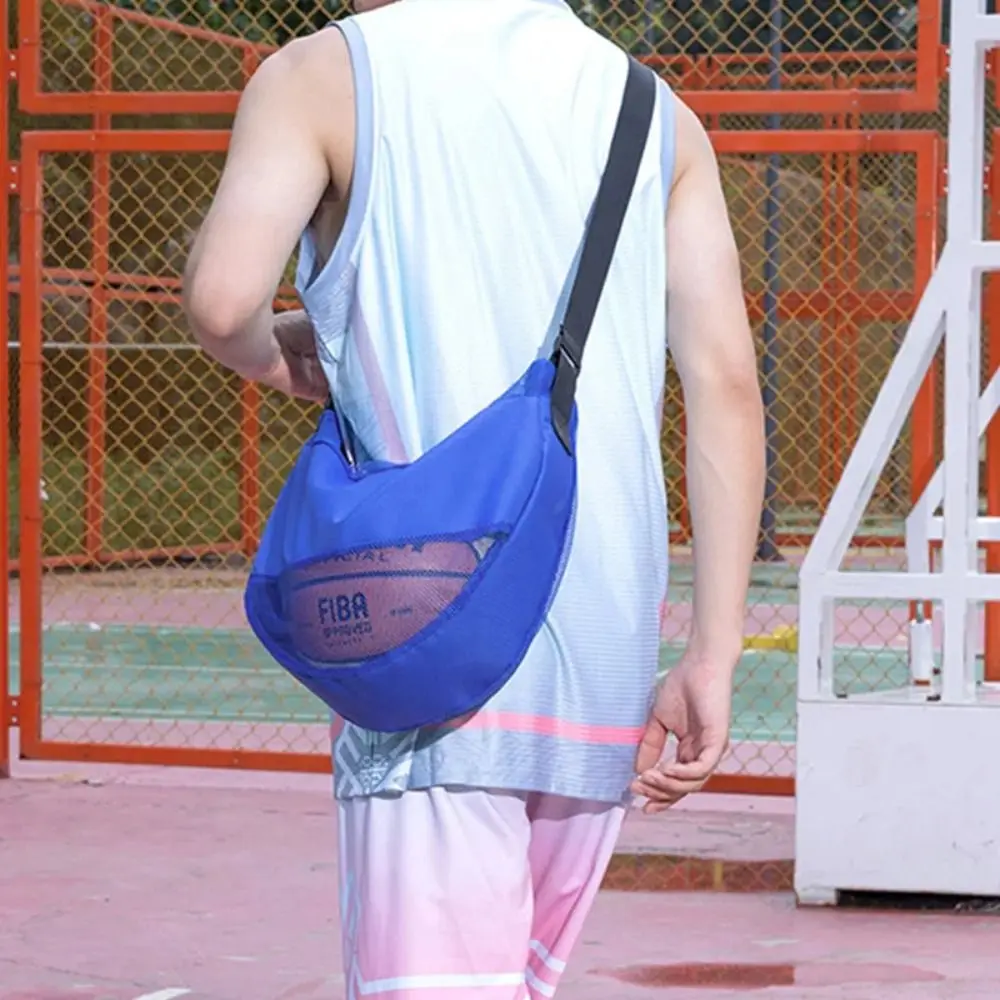 Borsa da basket multifunzionale in rete Borsa da palla singola regolabile traspirante Portatile con tasca con cerniera Borsa a tracolla per palla sportiva