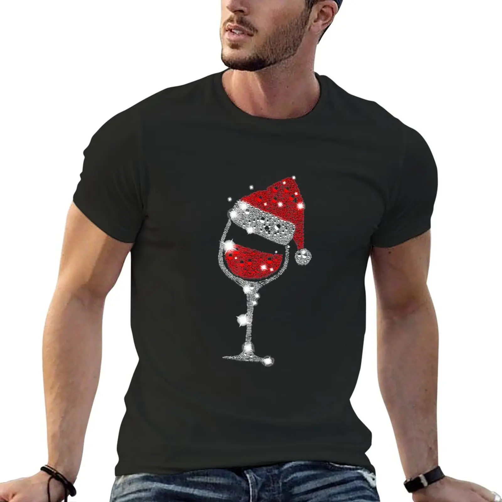 

Red Wine Glass Christmas Funny Santa Hat Xmas T-Shirt custom t shirt summer clothes Aesthetic clothing tshirts for men