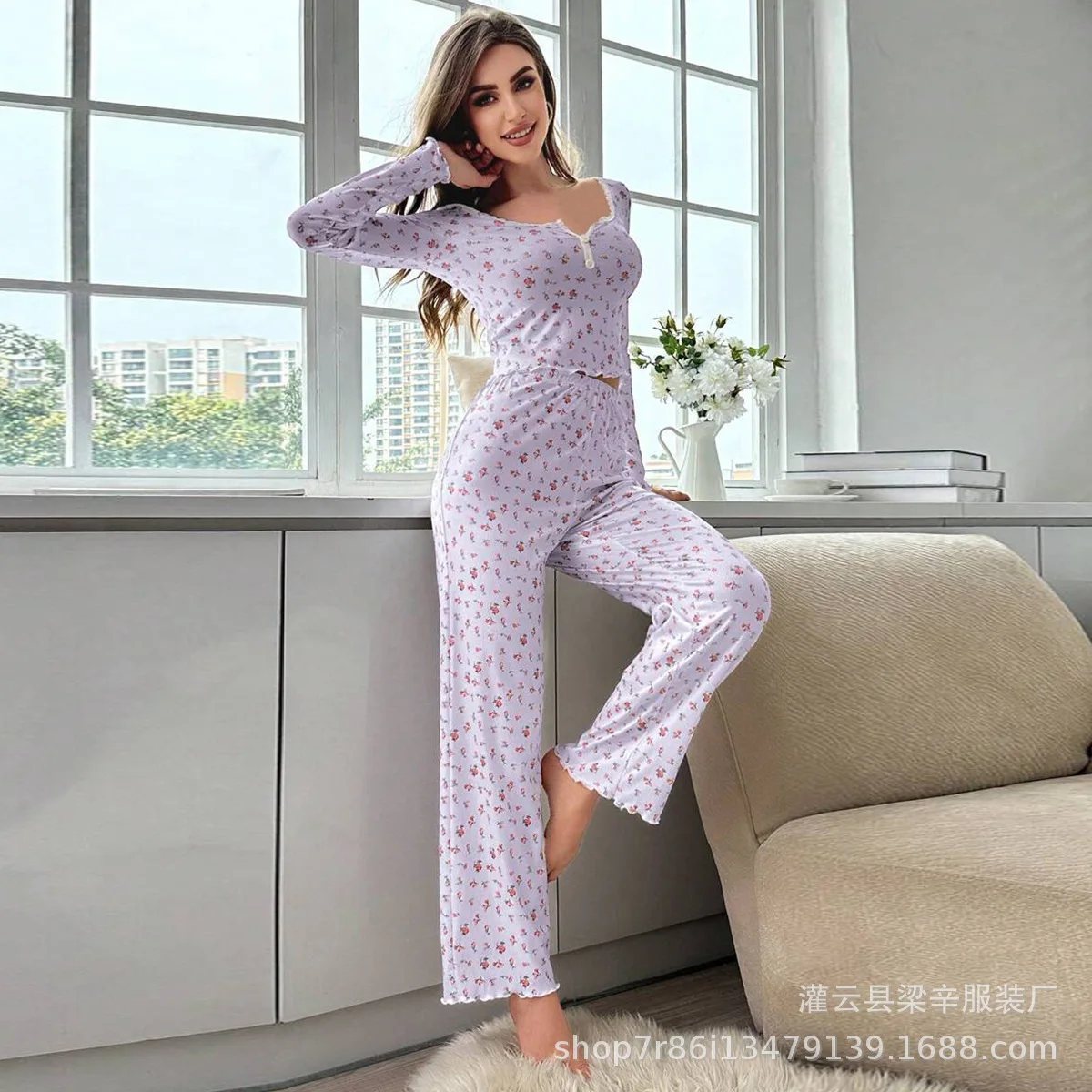 

Autumn and Winter Loungewear Sexy Casual Fashion Long-sleeved Trousers Pajamas Two-piece Suit Female European and American Style