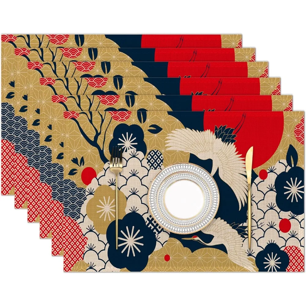 Japanese Cherry Blossoms Flower And Crane Placemats Set Of 6 Place Mats For Kitchen Table Washable Farmhouse Linen Table Mats