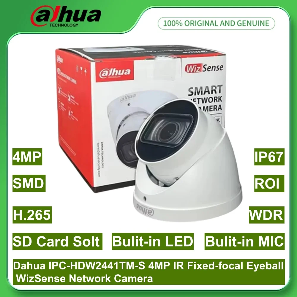 

Dahua IPC-HDW2441TM-S 4MP IR Fixed-focal Eyeball WizSense Network PoE Camera H.264+ H.265+ Built in MIC SD Card Solt IP67 SMD