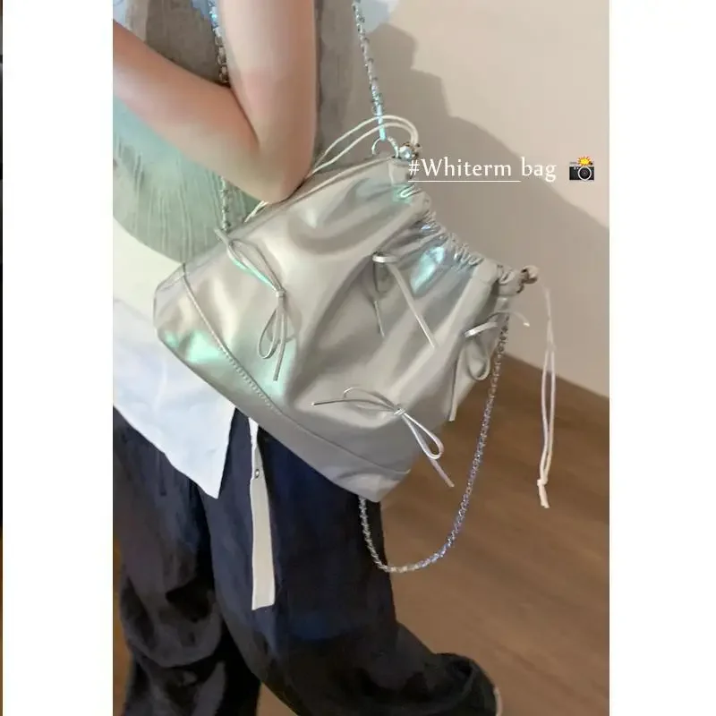 2024 New Fashion Drawstring Bow Patchwork Travel Knapsack Korean Niche Luxury Silver Backpack for Women Mochilas Para Mujer