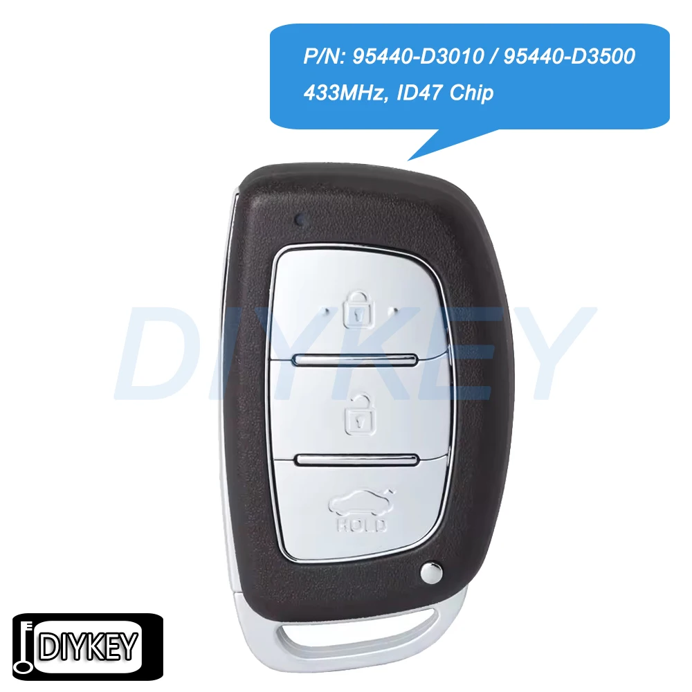 

3 кнопки, умный дистанционный автомобильный брелок, 433 МГц, чип ID47 для Hyundai Tucson 2018 2019 2020 2021 Артикул: 95440-D3010, 95440-D3500