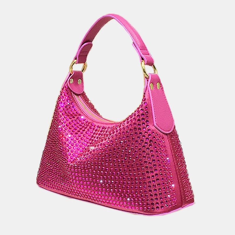 Shiny Rhinestone Hobos Evening Bags For Women Luxury Designer Handbags Purses 2023 New In Fashion Rose Red Shoulder Crossbody