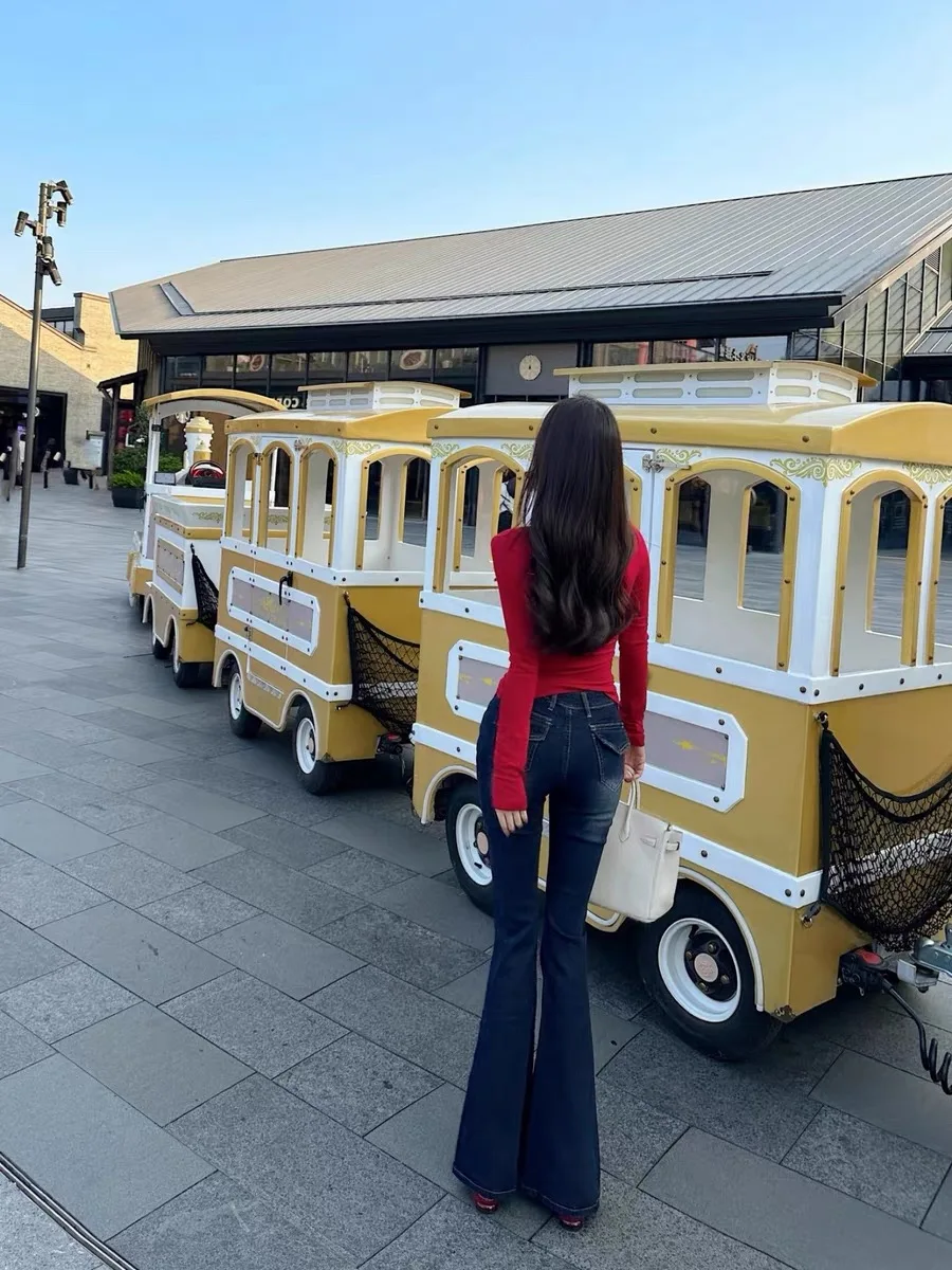 

High Waist Bell Bot Denim Jeans Deep Blue Slim Fit Floor Length Elastic Faionable Women's Spring Autumn Cotton Stretch