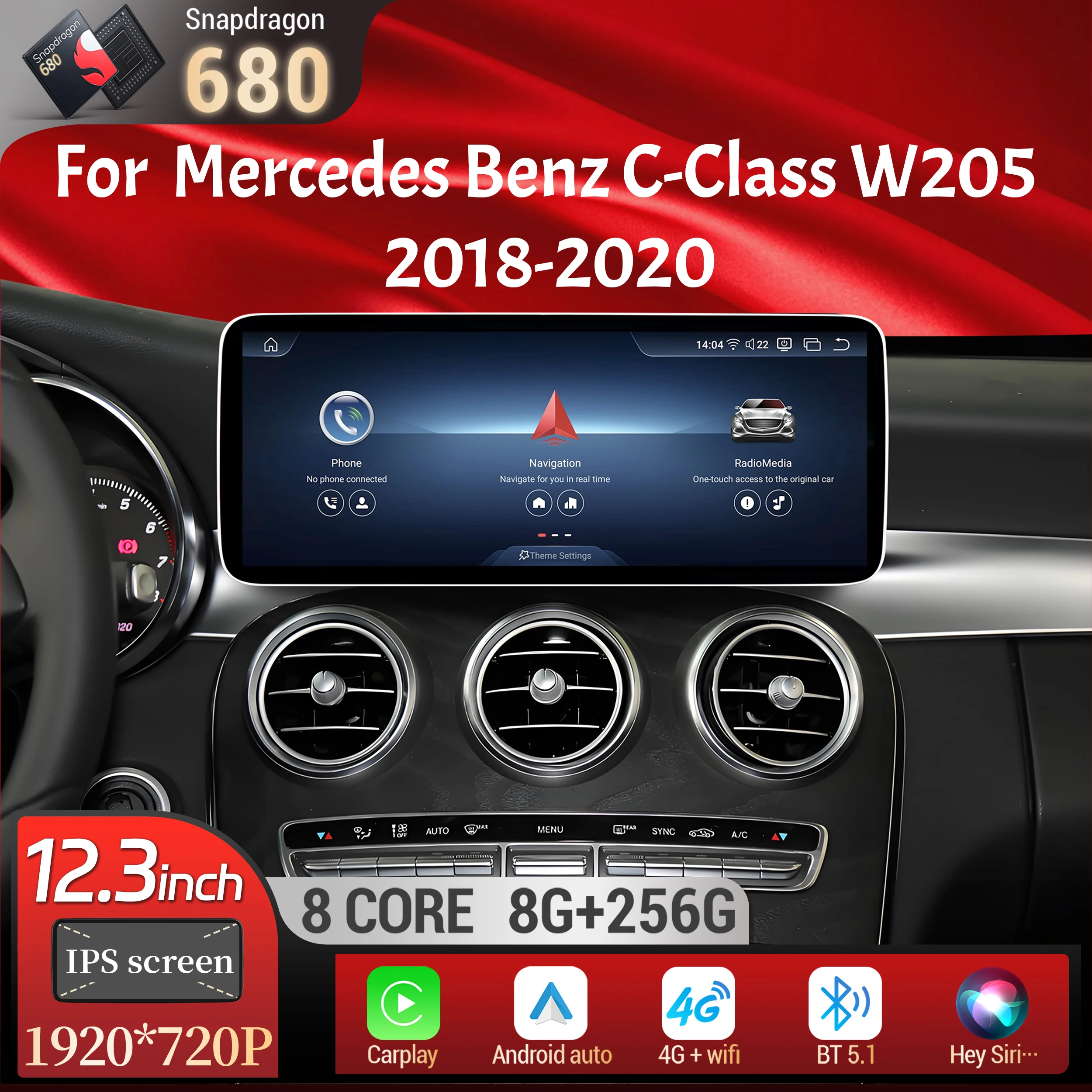 

12.3inch Car Radio Android 14 Wireless Carplay Snapdragon 680 SM6225 Touch Screen For Mercedes Benz C-Class W205 S205 2018-2020