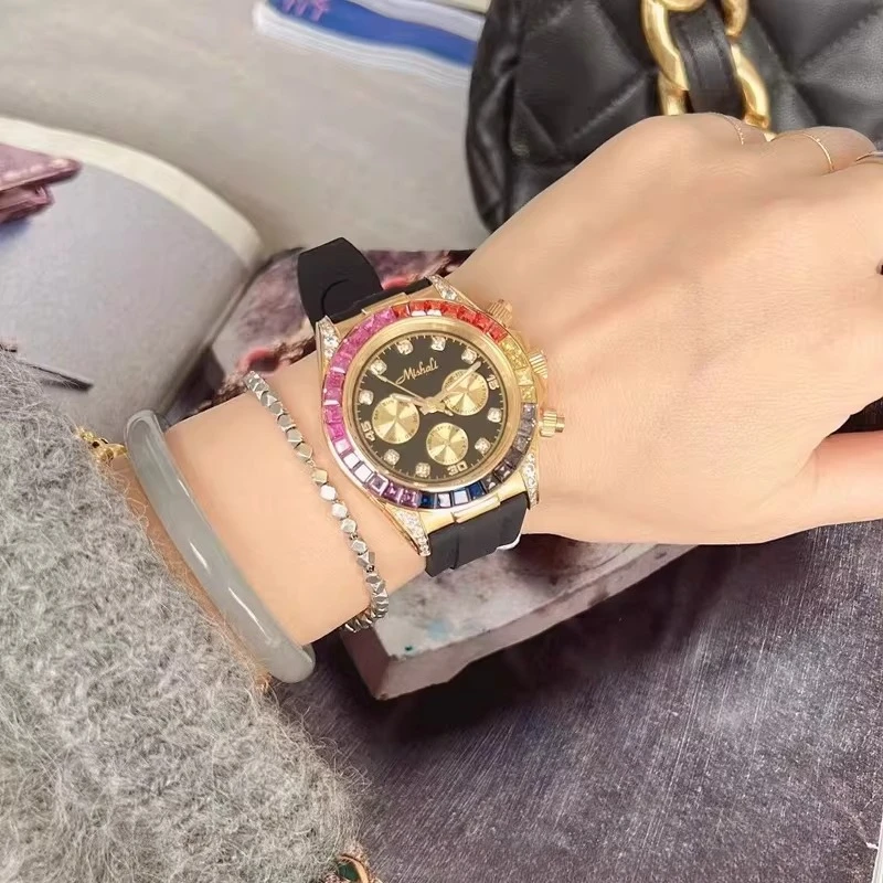 Zegarek kwarcowy z dużą tarczą, kolorową ramką z diamentami, sportowy, wielofunkcyjny, z silikonowym i skórzanym paskiem, wysokiej jakości zegarek damski.