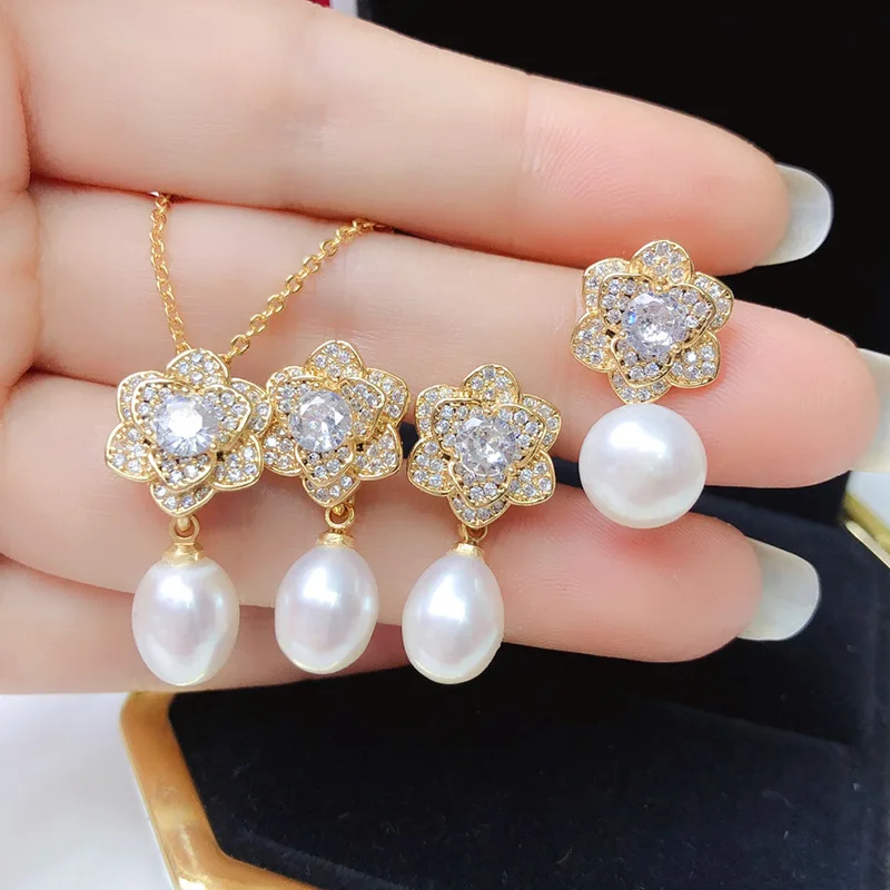 Freshwater Pearl Inlaid Wholesale Versatile Exquisite Flower Pendant Ring Earrings Collarbone Chain Three-Piece Set Wholesal
