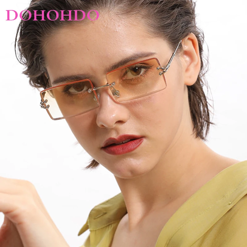 

2025 Y2k Fashion Rimless Trendy Sunglasses For Men Women Luxury Brand Retro Rectangle Shades UV400 Travel Outdoor Sun Glasses