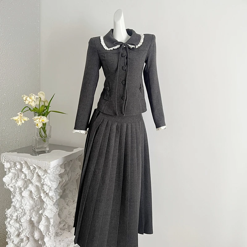 Lace Women Elegant Office Ladies Skirt Set Temperament Dark Grey Single-Breasted Blazer Suits New Fashion Two Piece Sets 2026
