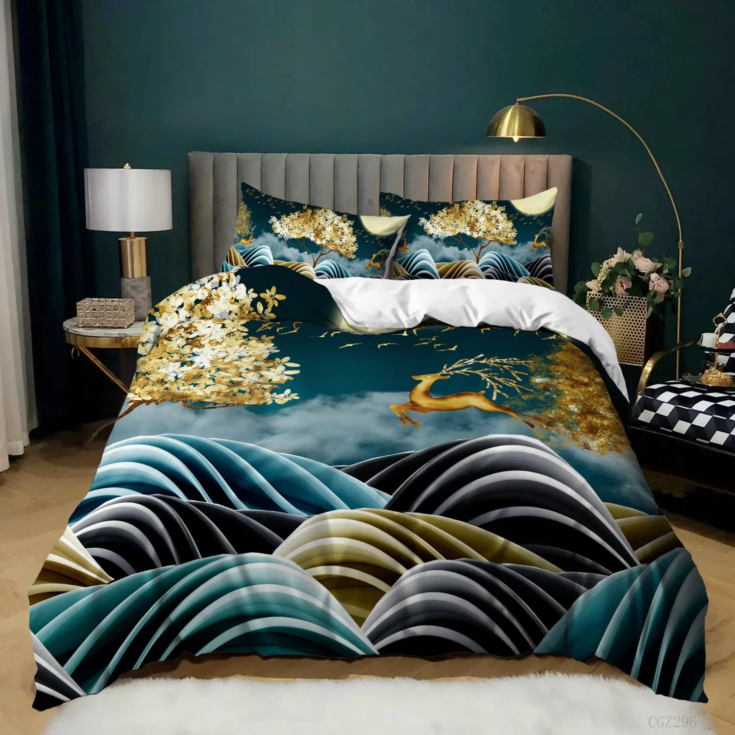Mountain Bedding Natural Scene Duvet Cover King Queen Boho Oil Painting Style River Forest Elk Landscape Polyester Quilt Cover