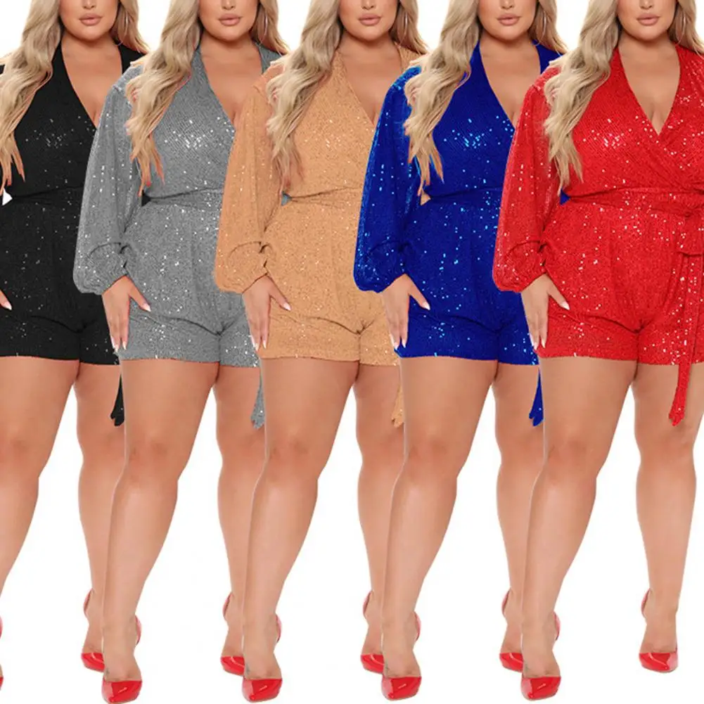 Women Romper Deep Lace-up Tight Waist Shiny Sequin Long Sleeve Romper Above Knee Length Club Party Lady Short Romper