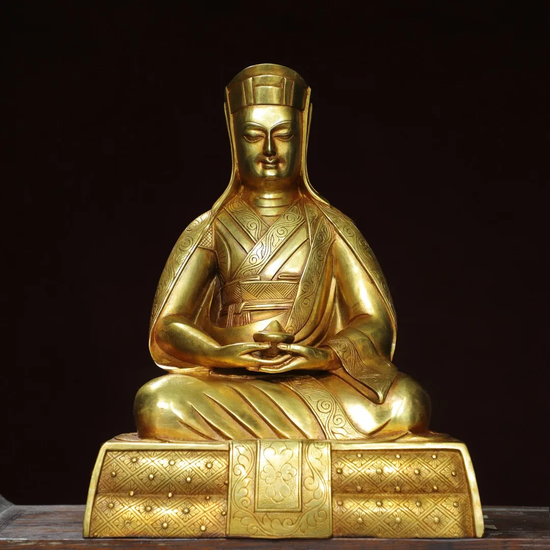 

12"Tibetan Temple Collection Old Bronze Gilded Cinnabar Gangboba Sitting Buddha Guru Buddhist Teacher Worship Hall Town house