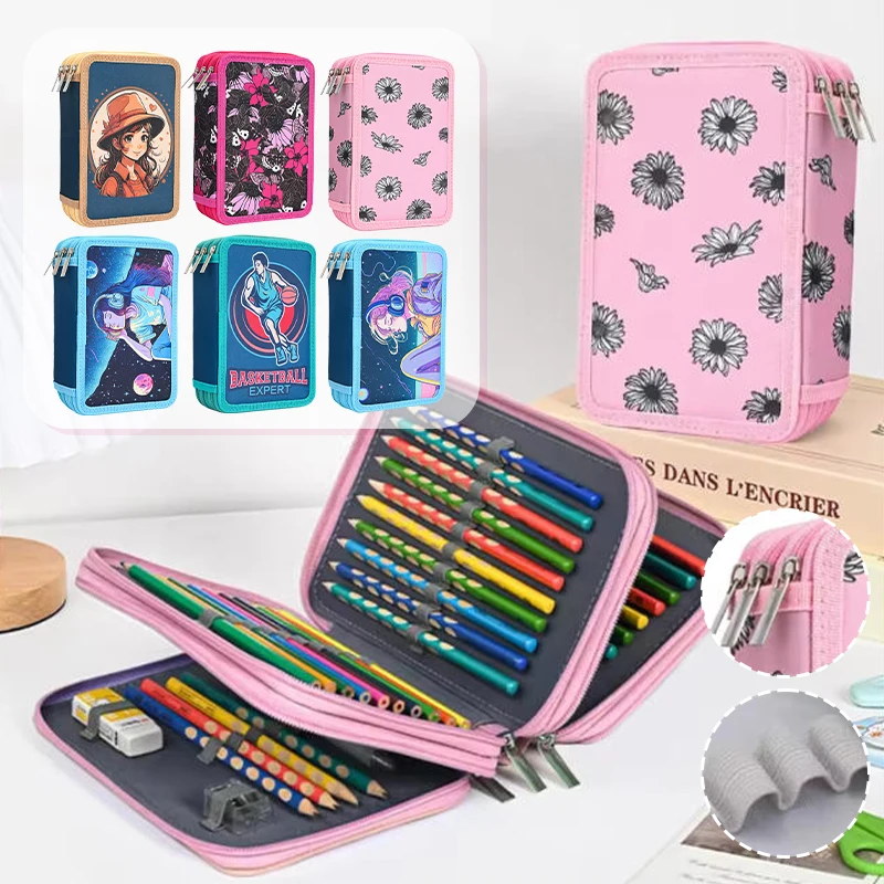 Large Capacity Oxford Fabric Pencil Case for Colored Pencils Art Supplies Student Art Storage Organizer Pencil Bag with 3 Zipper - Image 3