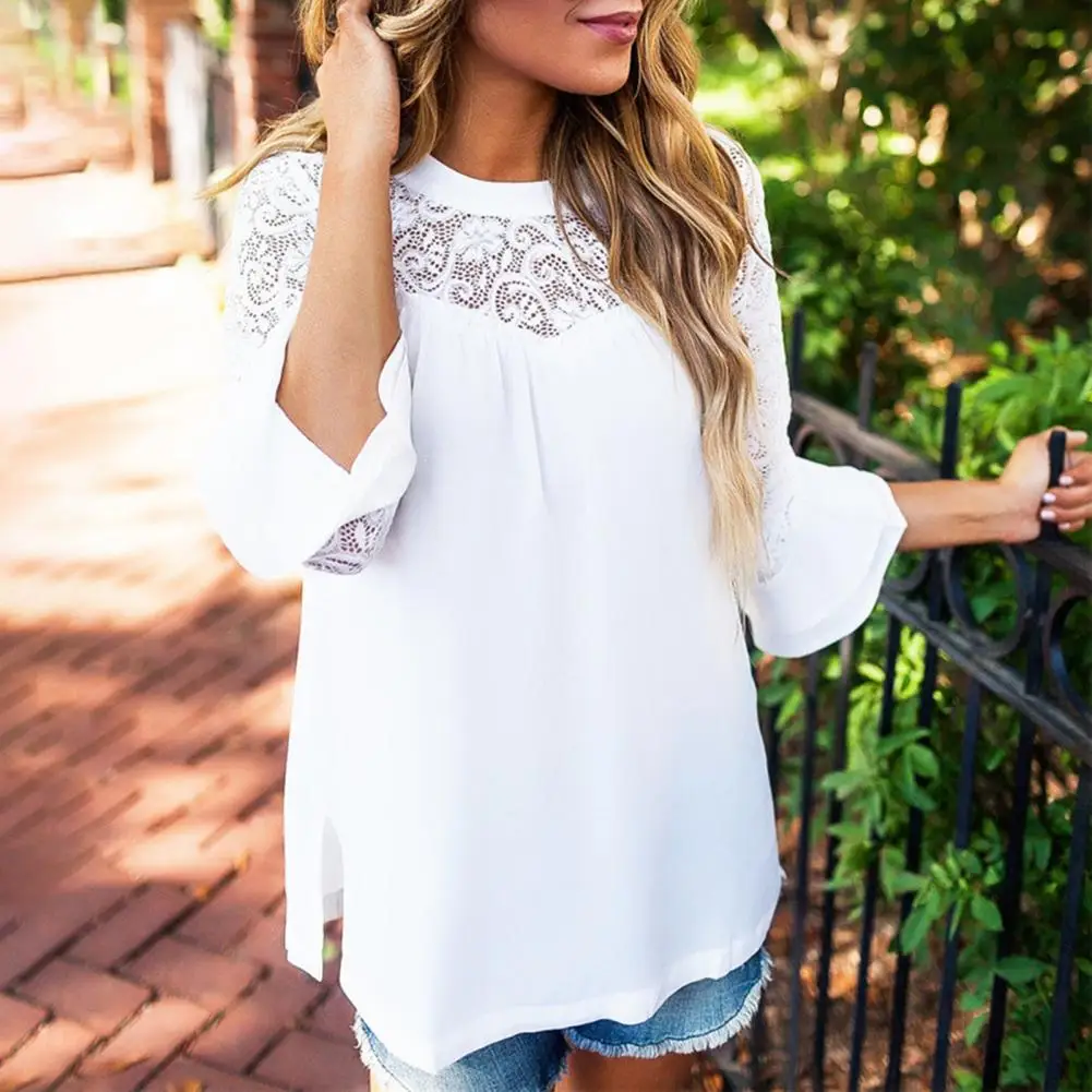 

Женский кружевной топ, шикарная кружевная Лоскутная Женская блузка, дышащий мягкий однотонный топ с вырезами для осени/весны, стильный свободный крой