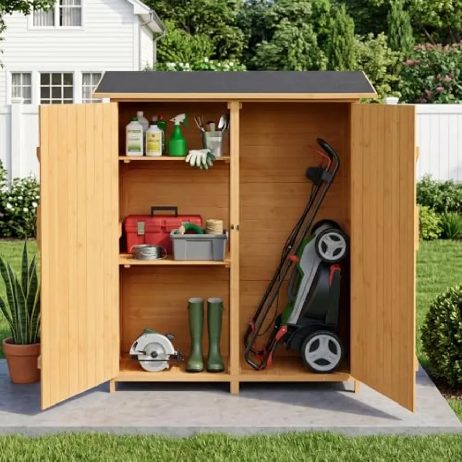 Outdoor wooden storage shed for garden yard lawn equipment, natural wood finish, extra large capacity with 2 safety latches and