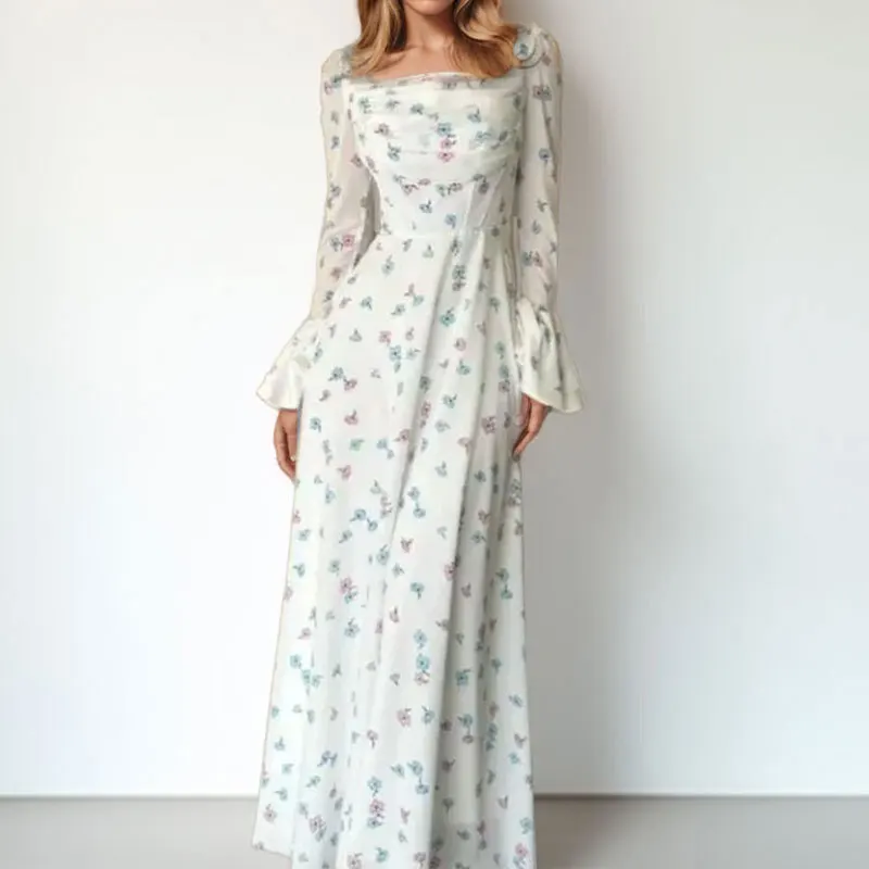 

2025 Spring and Summer Women's Elegant Temperament Floral Folds Fashion Fairy Fluttering Long Skirt Waist Trumpet Sleeve Dress