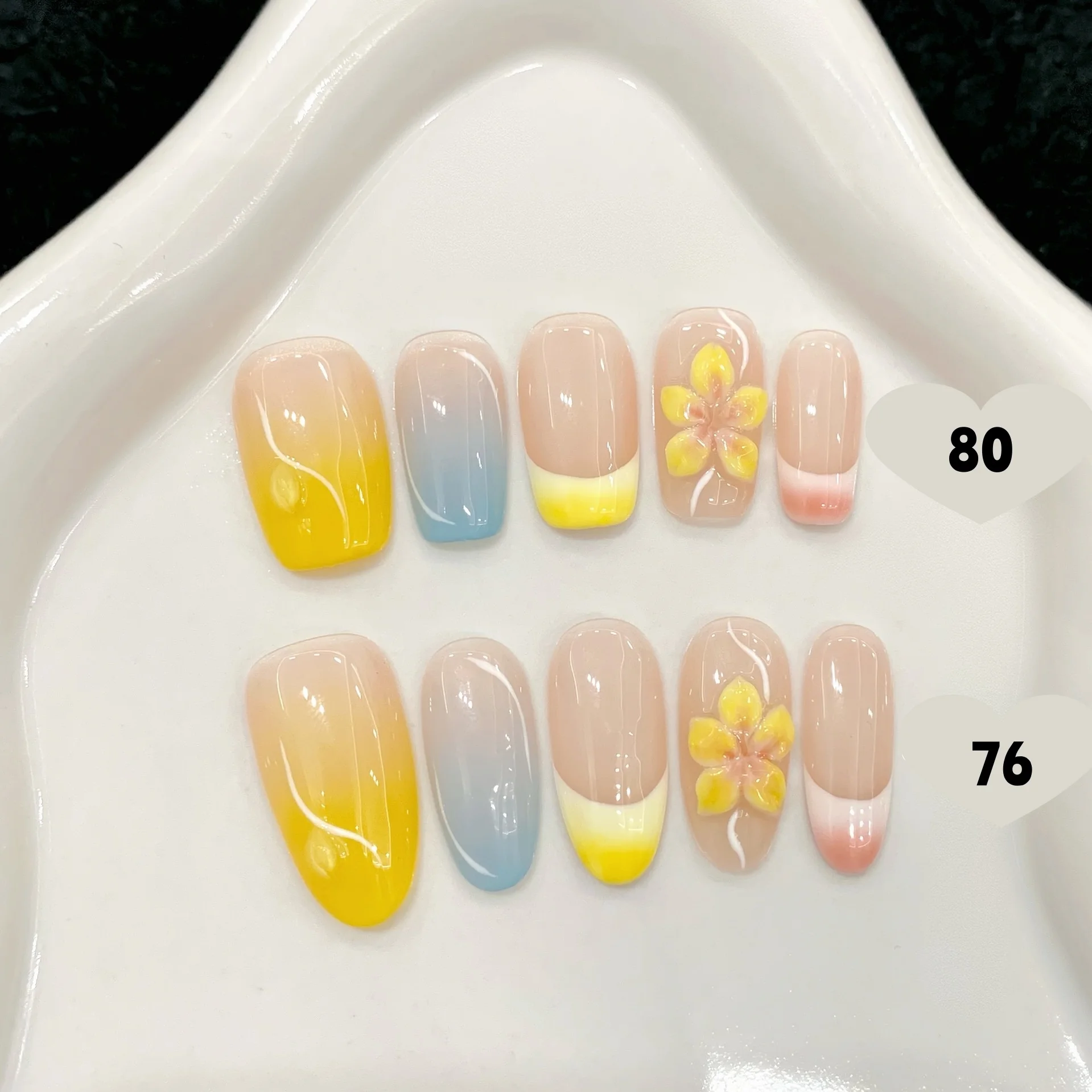 10 Stück reine handgepresste quadratische/ovale Nagelkunst, schöne künstliche Nägel, farbenfroher Sommer, blau, gelb und rosa mit Blumen, ideal für Frauen