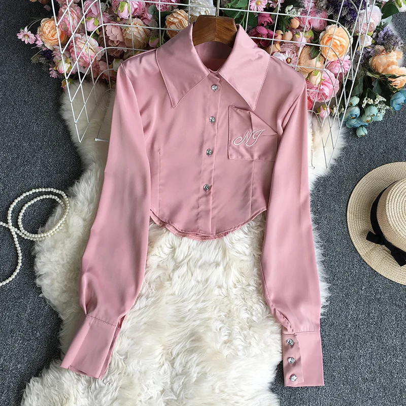 

Korean Chic Casual Solid Crop Top Women Blouse Turn-down Collar Single Breasted Long Sleeve Shirts 2024 Autumn New Blusas Mujer