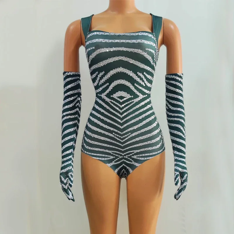 여성 섹시한 고고 댄스 의상 스트라이프 라인 석 바디 슈트 Golves 재즈 댄스 복장 바 나이트 클럽 Ds Dj Rave Wear XS7432