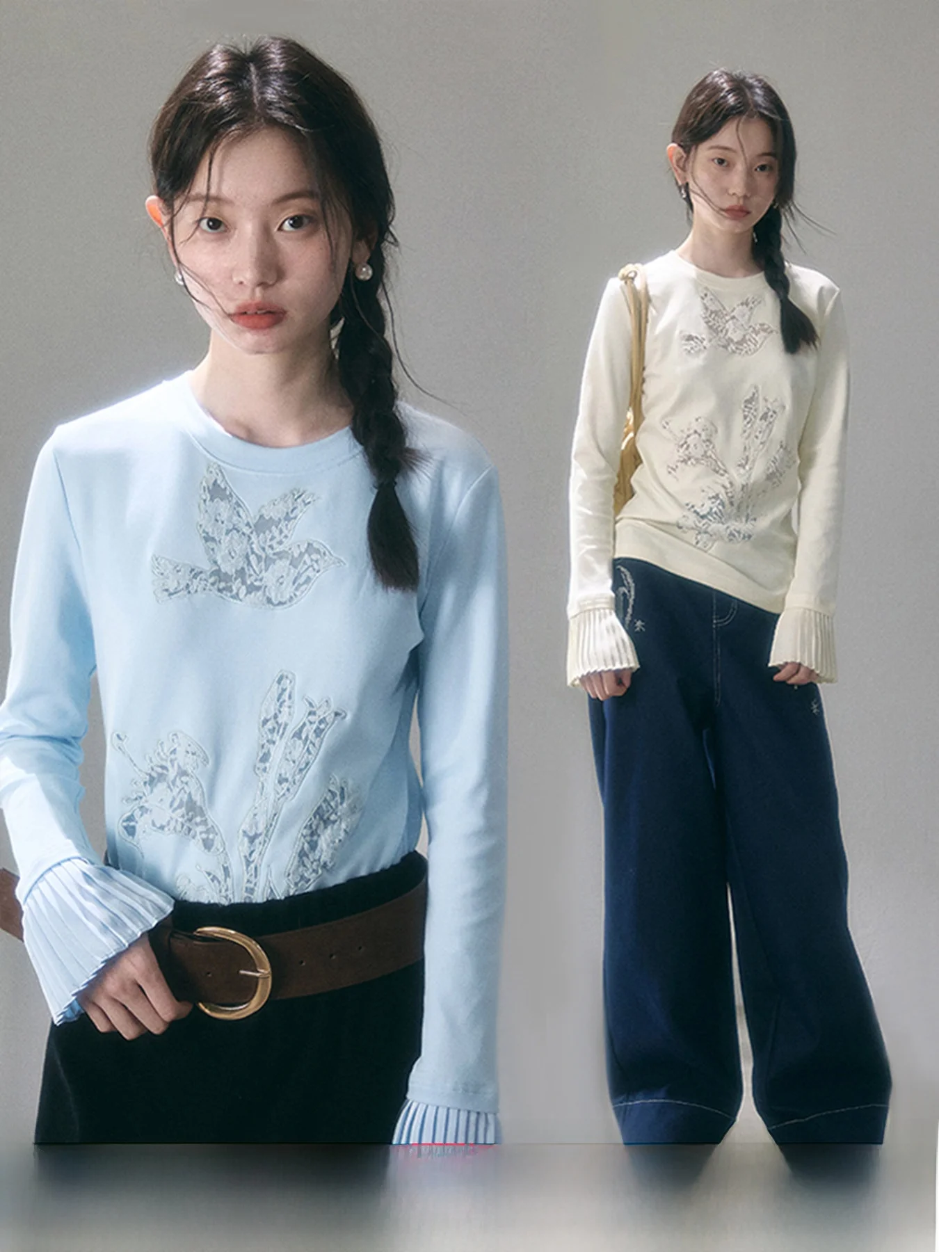 

Long Sve T-irt Floral Mage Embroidered Lace Hollow out Bird Lily Flower Patchwork Breathable Casual Fit Women's Top