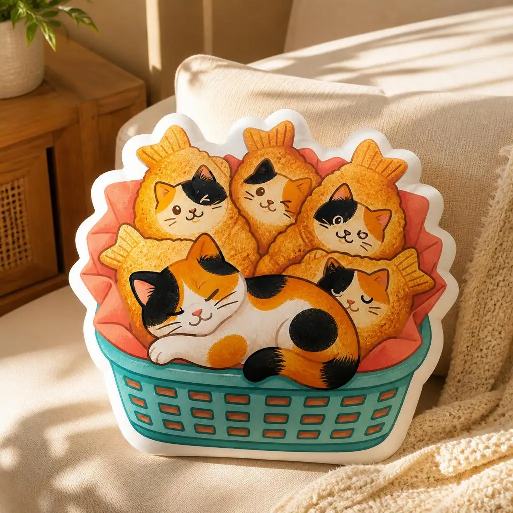 Calico Cat Tempura Basket Shaped Throw Pillow Funny Cat Lover Cushion Stuffed Decorative Pillow for Sofa Home Decor Gift