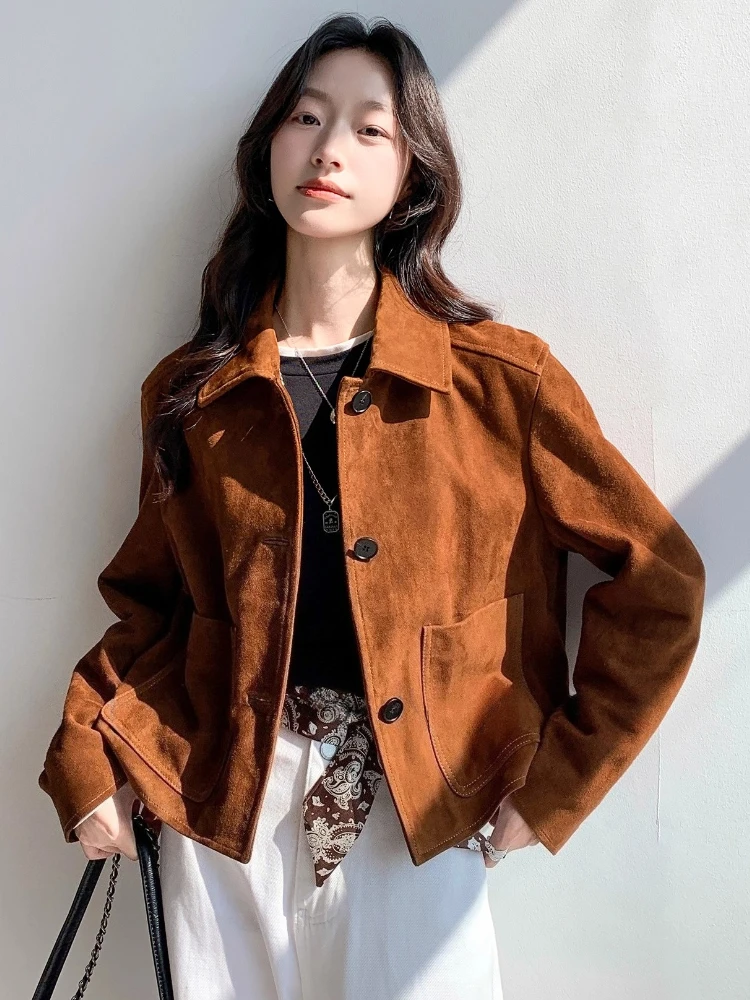 แจ็คเก็ตหนังแท้สไตล์วินเทจสำหรับผู้หญิง ฤดูใบไม้ร่วง ฤดูหนาว 2025 รุ่นใหม่ ระดับไฮเอนด์ เรียบง่าย สบายๆ ทำจากหนังแพะแท้