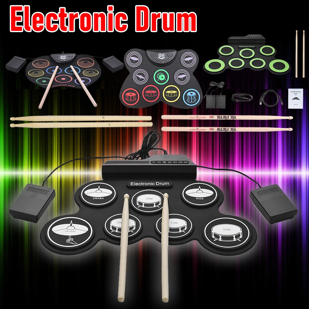 Portable Roll-Up USB Electronic Drum Kit Folding Music Silicone Drums with Drumsticks Foot Pedals Percussion Instrument for Kids