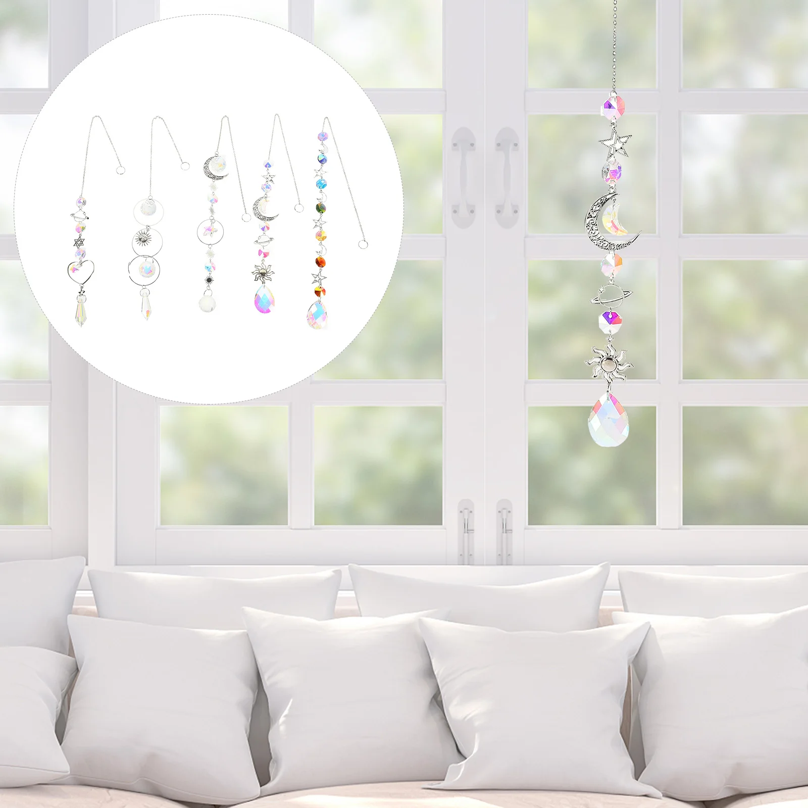 

5 Pcs Celestial Decor Milky Way Moon Star Pendant Crystal Suncatchers for Windows Piece Set