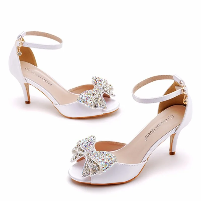 Women Sandals Height Increasing Butterfly-knot Silk 7CM Thin Heels Buckle Strap Rhinestone Wedding Women\'s Shoes White